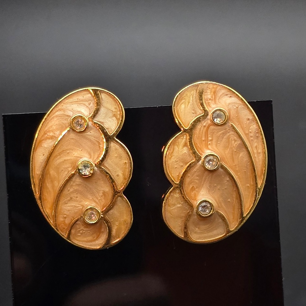 Vintage K.J.L. for Avon Peach Enamel Rhinestone Gold Tone Stud Earrings